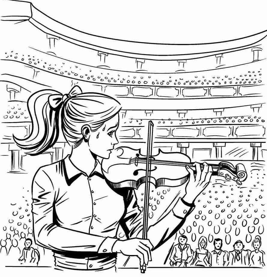 Črno-bela ilustracija mlade violinistke s kapljico potu na sencih, ki igra pred polno koncertno dvorano