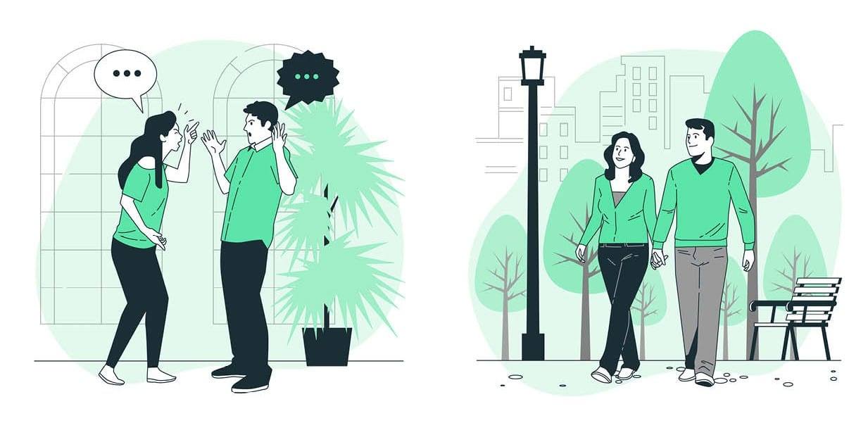 Ilustracija v dveh delih: na levi se moški in ženska glasno prepirata, na desni se ista dva sprehajata po parku z roko v roki